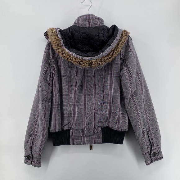 Roxy Jacket Girls Youth Size Large Faux Fur Hood Pockets Front Full Zip Tartan - Picture 10 of 14